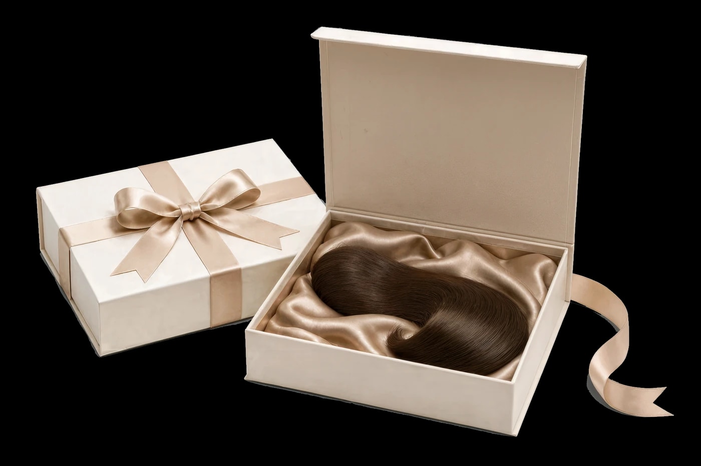Coffret Coco Tchou ouvert, une mèche brune posée sur un satin doré, le couvercle noué d'un ruban à côté
